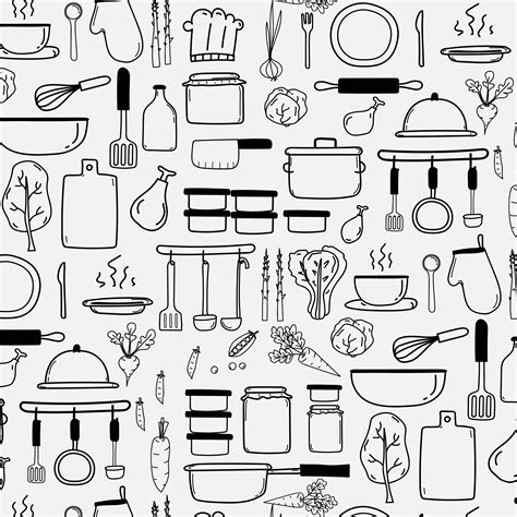 Pattern With Line Hand Drawn Doodle Vector Cooking Background Include Cooking Equipment Raw ...