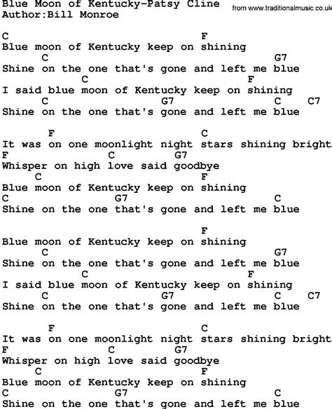 Country Music:Blue Moon Of Kentucky-Patsy Cline Lyrics and Chords