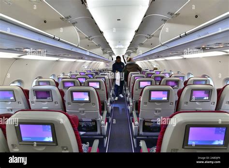 Doha, Qatar - Nov 17. 2019. Salon Airbus A320 Economy class of Qatar ...