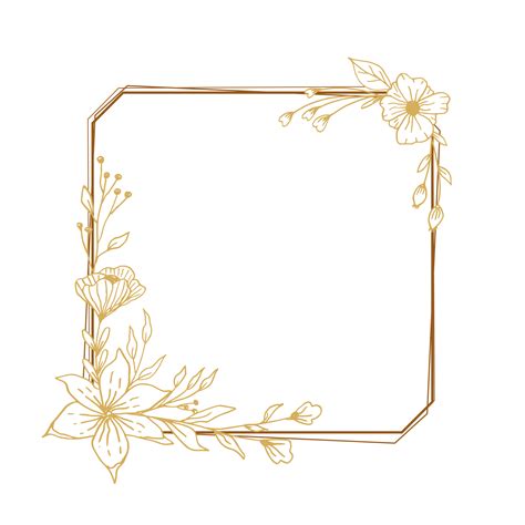 Elegant gold square floral border with hand drawn leaves and flowers for wedding invitation ...