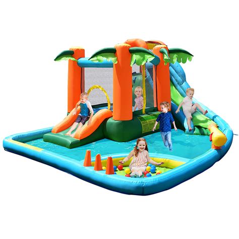 Costway Inflatable Bounce House Kids Water Splash Pool Dual Slide ...