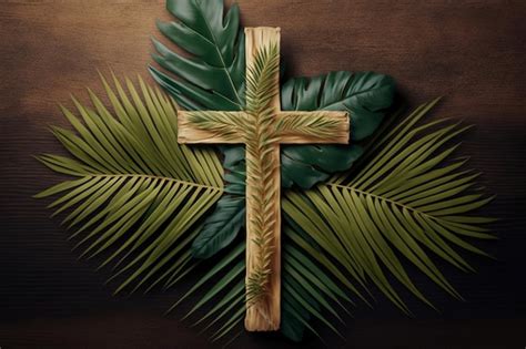 Premium Photo | Palm sunday concept. wooden cross over palm leaves.