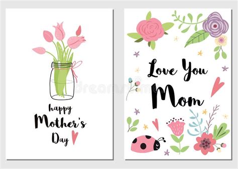 Set Mothers Day Cards Love You Mom Printable Design Decorative Pink ...