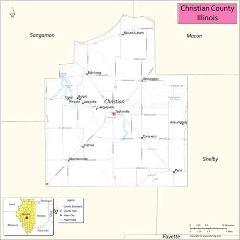 Map of Christian County, Illinois showing cities, highways & important ...