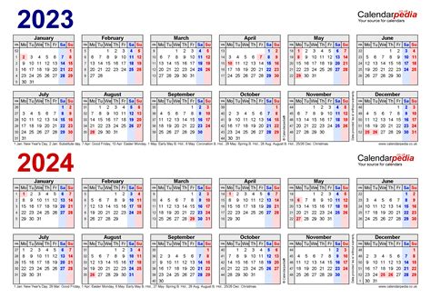 Two year calendars for 2023 and 2024 (UK) for Microsoft Excel