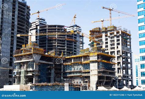 Big Construction Site of Four Modern Buildings with Cranes and ...