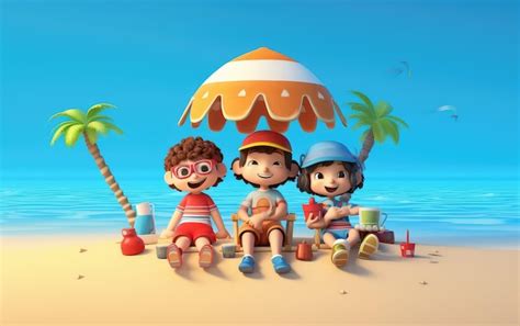 Premium Photo | 3d kids cartoon characters on the beach enjoying summer ...