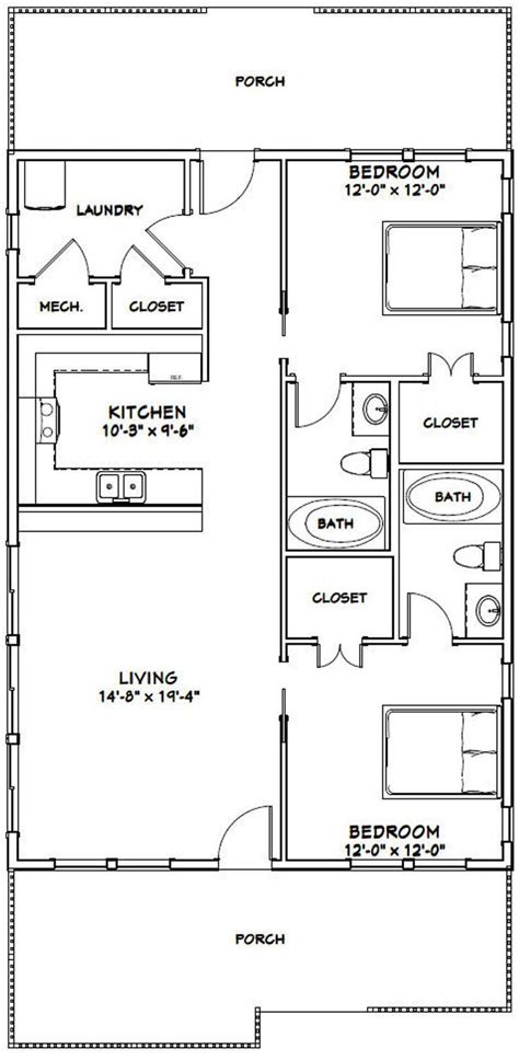 28x40 House 2-Bedroom 2-Bath 1120 sq ft PDF Floor | Etsy | Small house floor plans, Bedroom ...