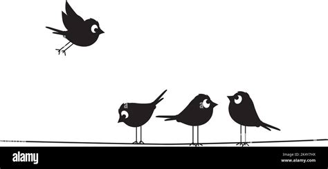 Birds silhouettes on wire, vector. Fun cartoon art design. Minimalist poster design isolated on ...