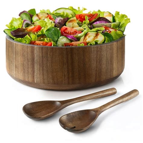 Miusco Rustic Wood Salad Serving Bowl Set with Tongs, 12" Large Kitchen Fruit Bowl, Decorative ...