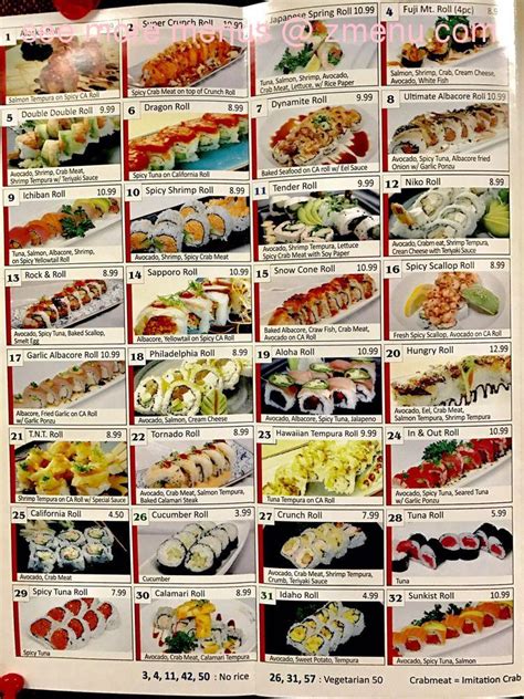 Menu at Niko Niko Sushi restaurant, Burbank