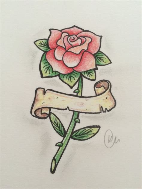 a drawing of a rose with a ribbon around it