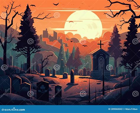 Halloween Creepy Graveyard Modern Illustration. Holiday Card Drawing Stock Illustration ...