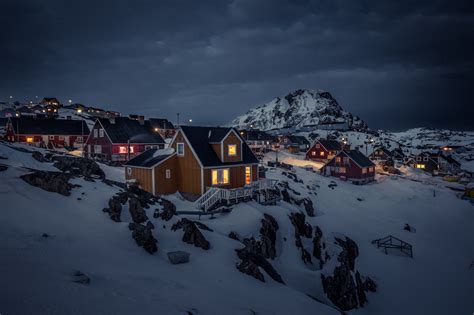 Greenland Night House Landscape Lights Town Snow Overcast Mountains ...