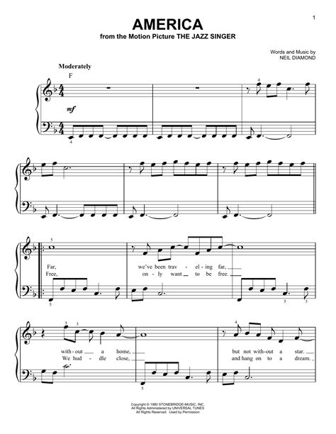 America by Neil Diamond Sheet Music for Easy Piano at Sheet Music Direct