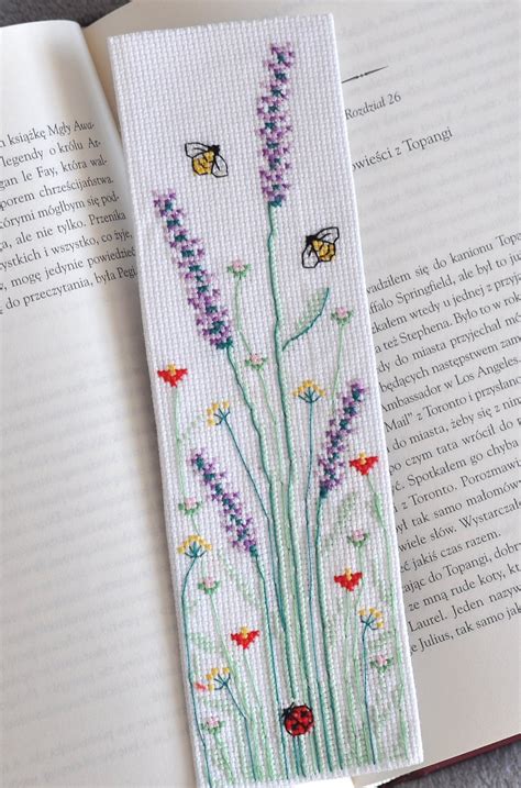 Cross Stitch Bookmark Pattern Lavender Bee Flower Meadow | Etsy