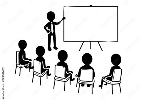 Business presentation: Speaker points to a blank white board in front of a sitting spectators ...