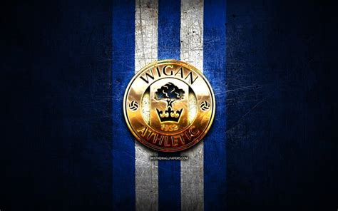 Download wallpapers Wigan Athletic FC, golden logo, EFL Championship, blue metal background ...