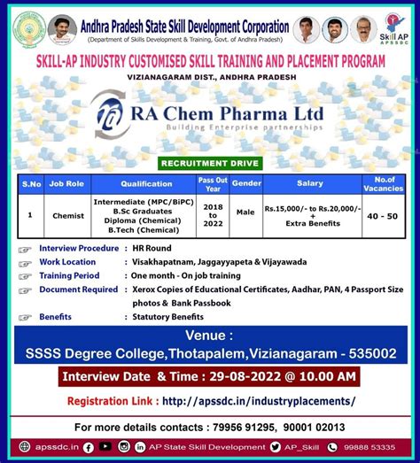 APSSDC Recruitment 2022 at RA Chem Pharma Ltd - Chemist Jobs