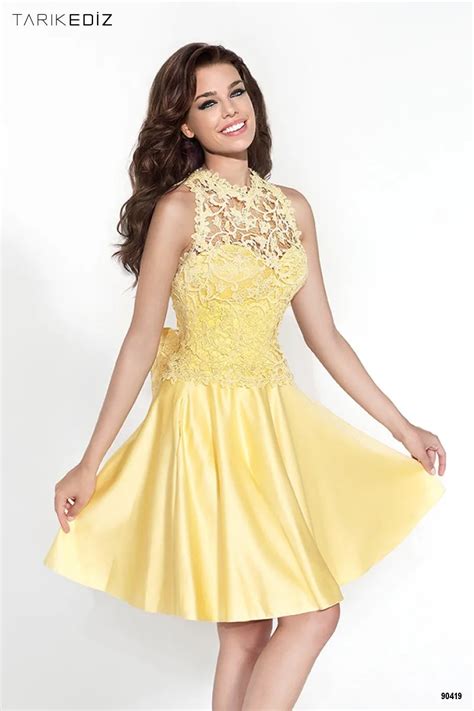 High Neck Elegant 2017 Short Prom Dresses Yellow A Line Gowns Bow Lace Satin Party Dresses Free ...