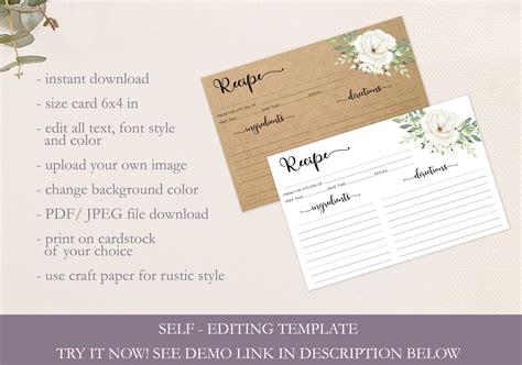 RECIPE CARDS Printable Floral Recipe Card Template Digital | Etsy