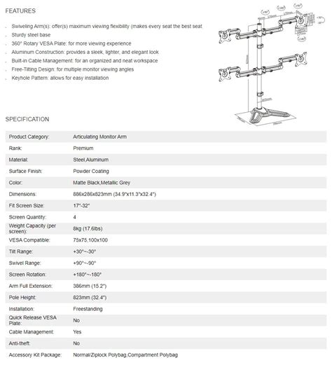 Brateck Premium Articulating Quad Monitor Stand - 17"-32"