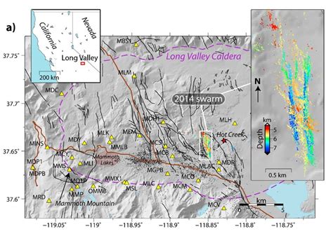 Map illustrating the Long Valley Caldera study area. Colored dots show ...