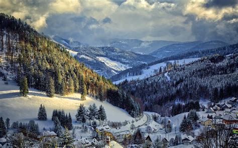 Wallpaper Germany, winter, snow, trees, mountains, village, road ...