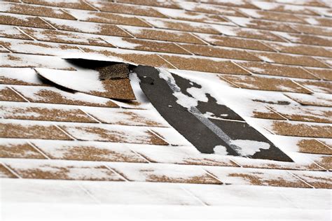 Damaged roof shingles blown off a home from a windy winter storm with strong winds. Royalty-Free ...