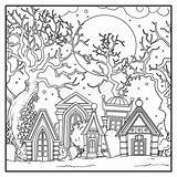 Scary Old Abandoned Cemetery With Crypts And Big Trees Linear Drawing  sketch template