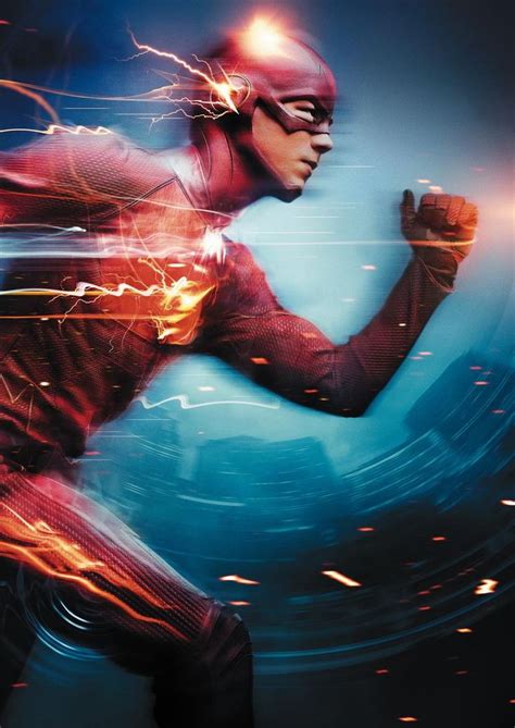 the flash running fast with bright lights in his face and chest, as if he is going