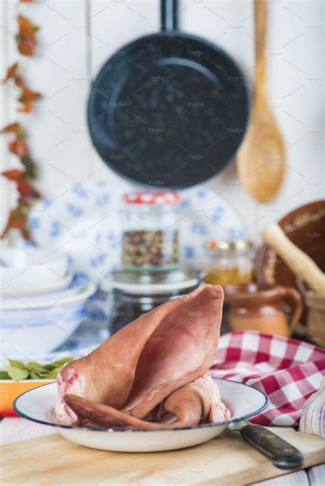 Raw pig ears on the table of the kitchen stock photo containing pig ears and | Food Images ...