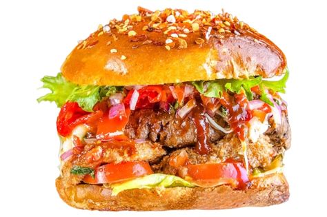 Premium Photo | Burger on a black empty, with greens, beef, pork, chicken, cheese, isolated on ...