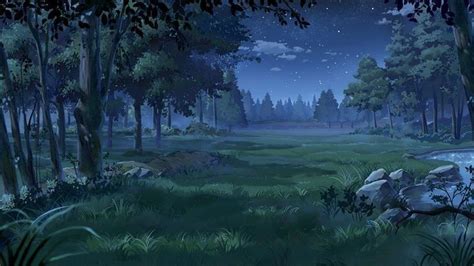 an animated scene of a forest at night