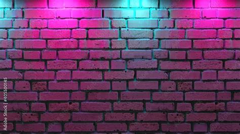 Empty brick wall with neon light, copy space. Light effect on a brick wall background. Modern ...