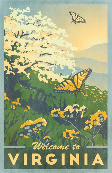 Virginia Blue Ridge Appalachian Mountains Vintage Travel Poster Dogwood Butterfly Art Print ...