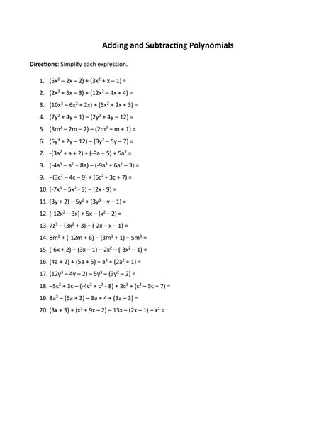 SOLUTION: Math worksheet addition and subtraction of polynomials ...