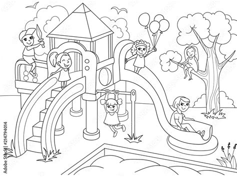 Childrens playground coloring. Raster illustration of black and white Stock Illustration | Adobe ...