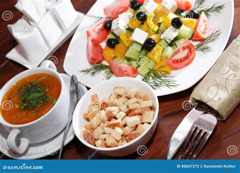 Soup and Salad stock photo. Image of soup, knife, restaurant - 80607272