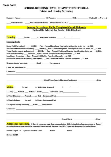 Fillable Vision And Hearing Screening Form printable pdf download