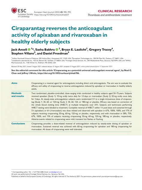 (PDF) Ciraparantag reverses the anticoagulant activity of apixaban and rivaroxaban in healthy ...