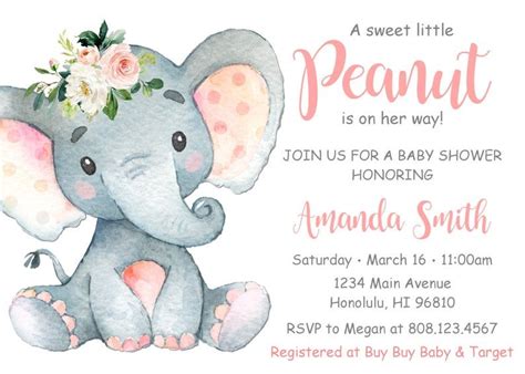 Girl Elephant Baby Shower Invitation Little Peanut Baby Shower Invitation Pink Blush Floral Baby ...