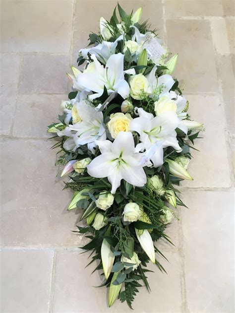 White lily and Rose Funeral Coffin double ended spray | Funeral flower arrangements, Funeral ...