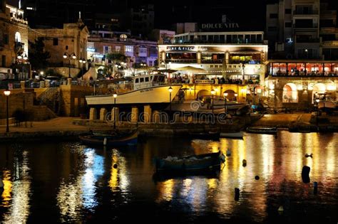 St. Julian`s, Malta 02/02/2020 View on Shops and Restaurants of Sliema Bay at Night Editorial ...