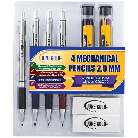 4 Pack of 2.0 mm 2B Graphite/Colored Mechanical Pencils – June Gold