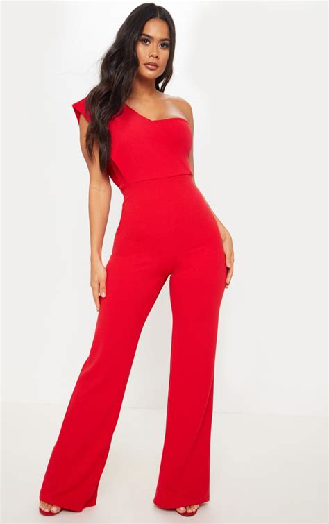 Red Drape One Shoulder Jumpsuit | Jumpsuits & Rompers | PrettyLittleThing CA