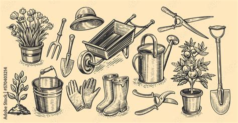 Gardening set of items in sketch style. Garden, farm concept. Agriculture, farming vintage ...