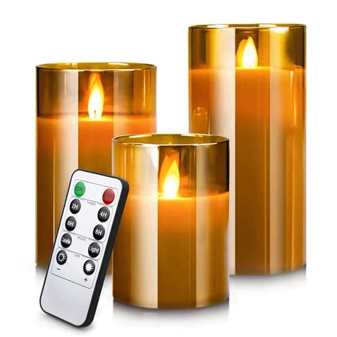 Buy Led Flameless Candles, Battery Operated Real Pillar Wax ing Moving Wick Effect Glod Glass ...