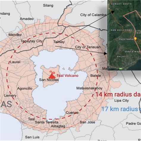 Taal Volcano 14- and 17-km radius danger zones and location map of ...