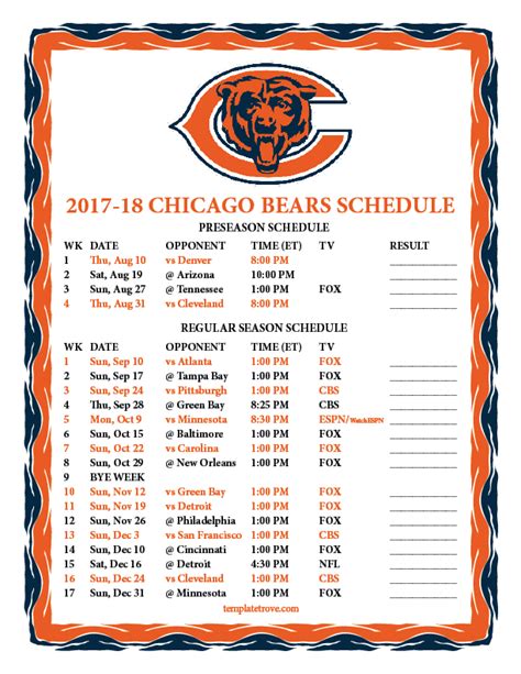 Printable 2017-2018 Chicago Bears Schedule